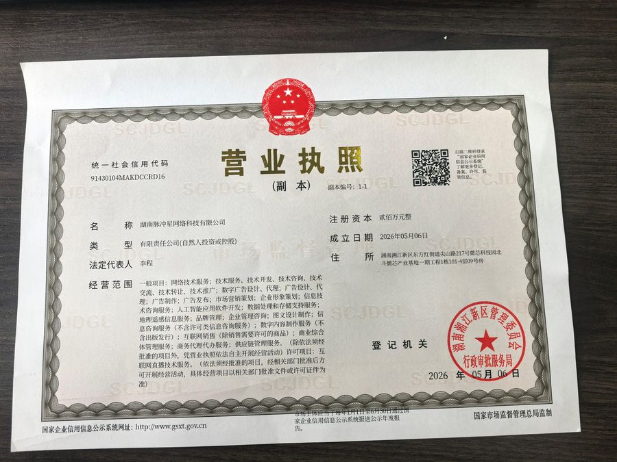 湖南脉冲星网络科技有限公司营业执照，统一社会信用代码91430104MAKDCCRD16，法定代表人李程